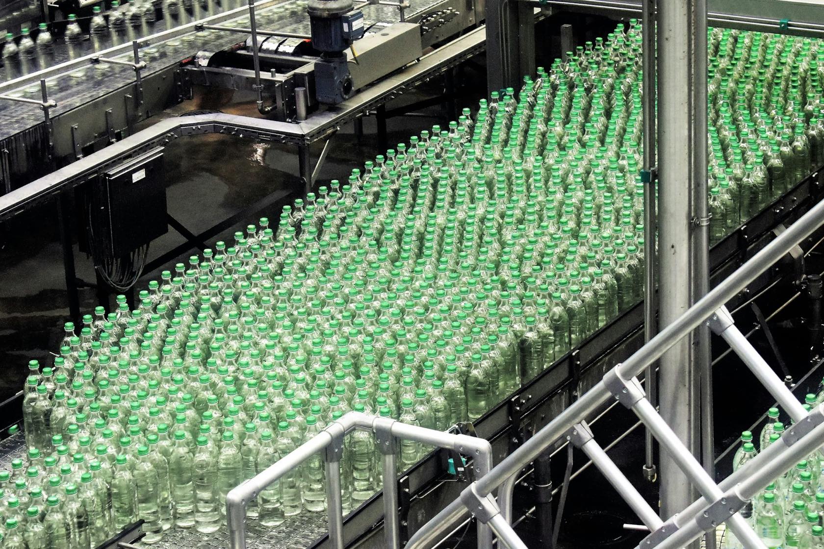 Glass bottles moving along a stainless-steel filling line